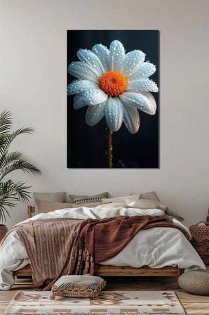 Papatya Çiçeği Baskılı Cam Tablo – Su Damlası Detaylı Estetik Modern Duvar Dekoru