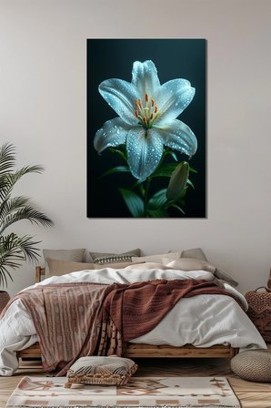 Beyaz Lilyum Çiçeği Baskılı Cam Tablo – Su Damlası Detaylı Modern Dekoratif Tablo