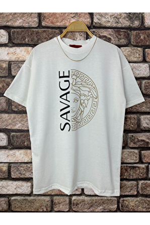 Erkek Savage Baskılı Oversize Bisiklet Yaka T-Shirt
