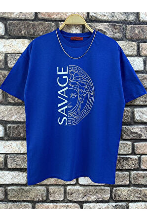 Erkek Savage Baskılı Oversize Bisiklet Yaka T-Shirt
