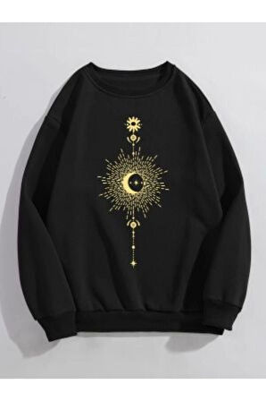Kadın Siyah Parıltılı Ay Bisiklet Yaka Sweatshirt