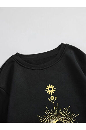 Kadın Siyah Parıltılı Ay Bisiklet Yaka Sweatshirt