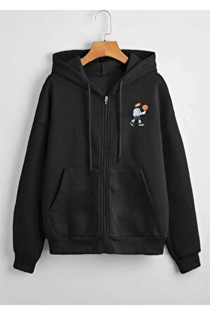 Unisex Gri Karikatür Baskılı Mevsimlik Oversize Kapüşonlu Hırka