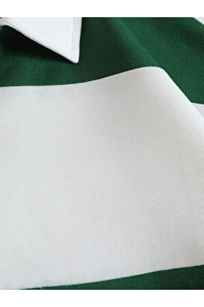 Unisex Çizgili Oversize Polo Yaka Yarım Fermuarlı Sweatshirt