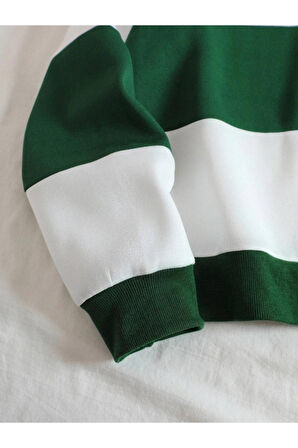 Unisex Çizgili Oversize Polo Yaka Yarım Fermuarlı Sweatshirt