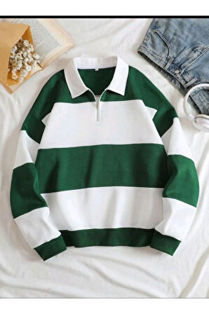 Unisex Çizgili Oversize Polo Yaka Yarım Fermuarlı Sweatshirt