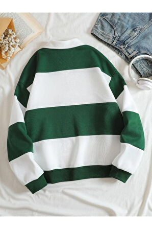 Unisex Çizgili Oversize Polo Yaka Yarım Fermuarlı Sweatshirt