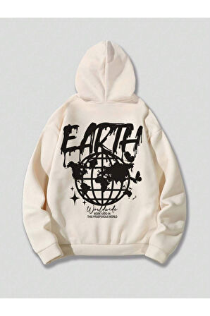 Unisex Earth Baskılı Kapüşonlu Sweatshirt