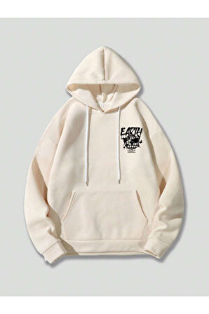 Unisex Earth Baskılı Kapüşonlu Sweatshirt