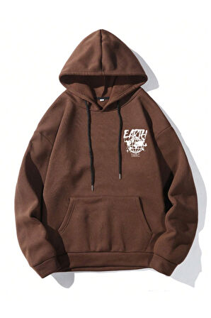 Unisex Earth Baskılı Kapüşonlu Sweatshirt