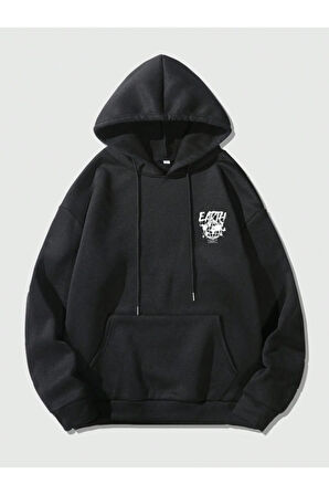 Unisex Earth Baskılı Kapüşonlu Sweatshirt
