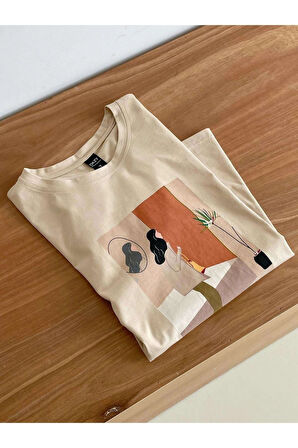 Kadın Bej Kadın Figür Baskılı Oversize Bisiklet Yaka T-Shirt