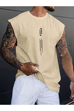 Erkek Dikey Baskılı Oversize Kolsuz T-shirt