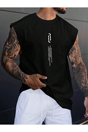 Erkek Dikey Baskılı Oversize Kolsuz T-shirt