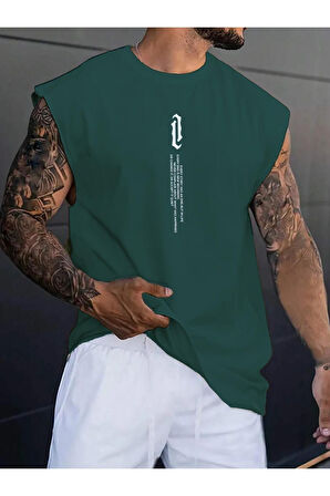 Erkek Dikey Baskılı Oversize Kolsuz T-shirt