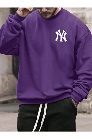 Erkek NY Ön Arka Baskılı Oversize Bisiklet Yaka Sweatshirt