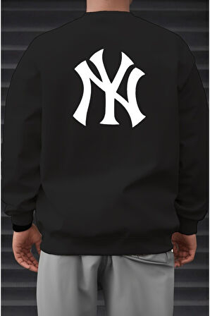 Erkek NY Ön Arka Baskılı Oversize Bisiklet Yaka Sweatshirt