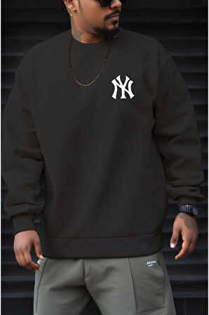 Erkek NY Ön Arka Baskılı Oversize Bisiklet Yaka Sweatshirt