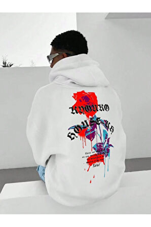 Erkek Beyaz Sırt Gül Baskılı Kapüşonlu Sweatshirt