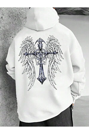 Erkek Beyaz Sırt Hac Baskılı Kapüşonlu Sweatshirt