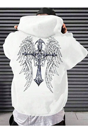 Erkek Beyaz Sırt Hac Baskılı Kapüşonlu Sweatshirt