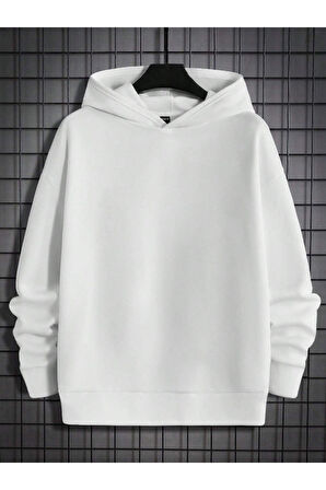 Erkek Beyaz Sırt Hac Baskılı Kapüşonlu Sweatshirt
