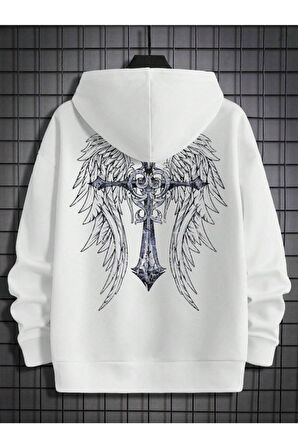Erkek Beyaz Sırt Hac Baskılı Kapüşonlu Sweatshirt