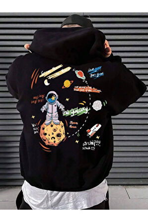 Erkek Siyah Sırt Uzay Baskılı Oversize Kapşonlu Sweatshirt