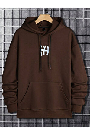 Erkek Kahverengi Y Logo Baskılı Kapüşonlu Sweatshirt