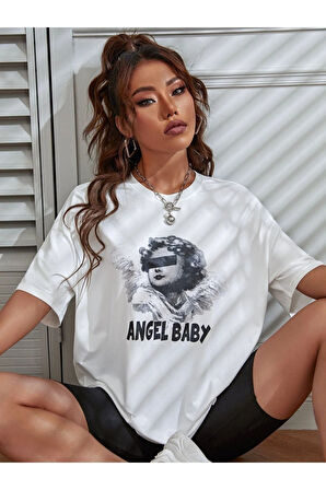 Unisex Beyaz Angel Baby Baskılı Oversize T-shirt