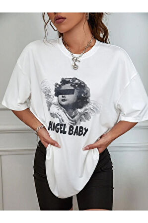 Unisex Beyaz Angel Baby Baskılı Oversize T-shirt