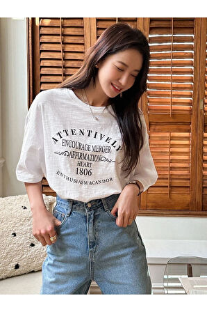 Unisex Beyaz Attentive Baskılı Oversize T-shirt
