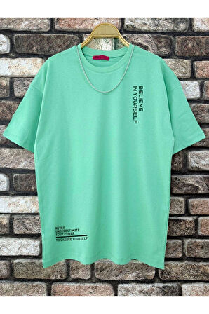 Erkek Believe Baskılı Oversize T-shirt