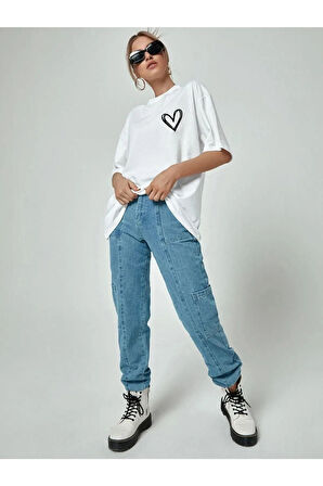 Kadın Kalp Baskılı Oversize T-shirt
