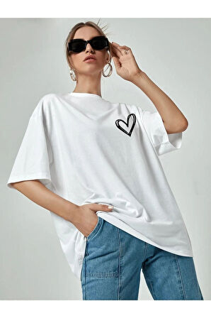 Kadın Kalp Baskılı Oversize T-shirt
