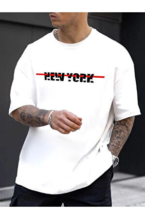 Unisex Beyaz New York Baskılı Oversize Tshirt