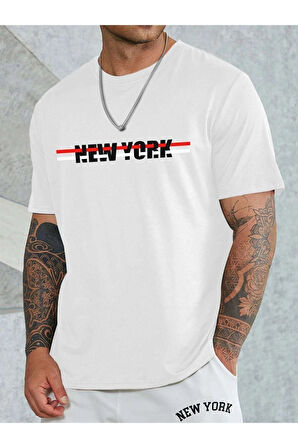 Unisex Beyaz New York Baskılı Oversize Tshirt