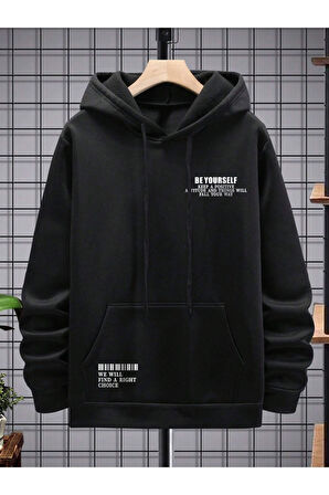 Erkek Siyah Be Yourself Baskılı Oversize Kapşonlu Sweatshirt