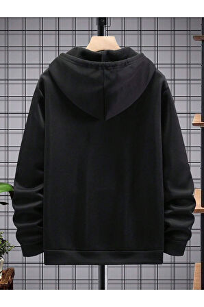 Erkek Siyah Be Yourself Baskılı Oversize Kapşonlu Sweatshirt