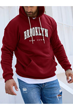 Erkek Brooklyn Baskılı Oversize Kapşonlu Sweatshirt