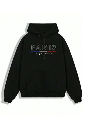 Erkek Siyah Büyük Paris Baskılı Kapüşonlu Sweatshirt