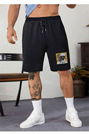 Erkek Siyah Gangsta Baskılı Oversize Şort
