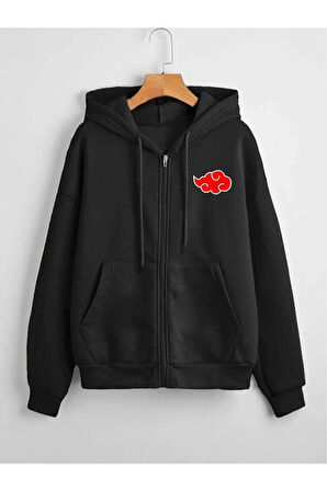 Unisex Siyah Bulut Baskılı Ince Mevsimlik Kapşonlu Oversize Hırka