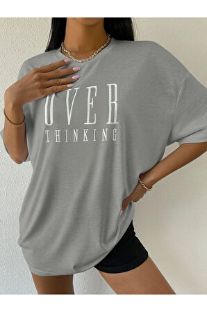 Unisex Over Think Baskılı Oversize T-shirt