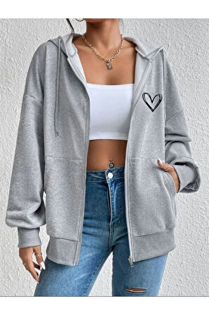 Unisex Gri Kalp Baskılı Ince Mevsimlik Kapşonlu Oversize Hırka