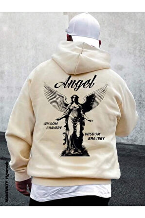 Unisex Bej Sırt Angel Baskı Kapüşonlu Sweatshirt