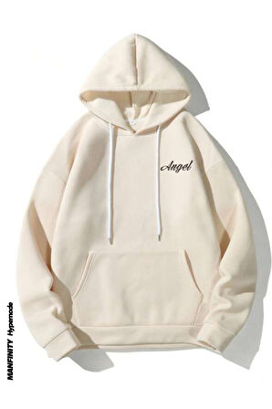 Unisex Bej Sırt Angel Baskı Kapüşonlu Sweatshirt