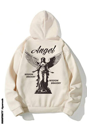 Unisex Bej Sırt Angel Baskı Kapüşonlu Sweatshirt