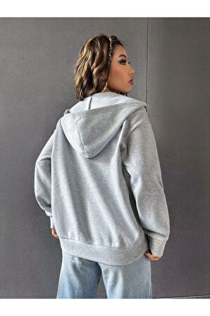 Kadın Kahverengi California Baskılı Kapüşonlu Fermuarlı Hırka