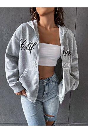 Kadın Kahverengi California Baskılı Kapüşonlu Fermuarlı Hırka